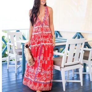 ROCOCO SAND Deep V Maxi Dress in Red Size XS